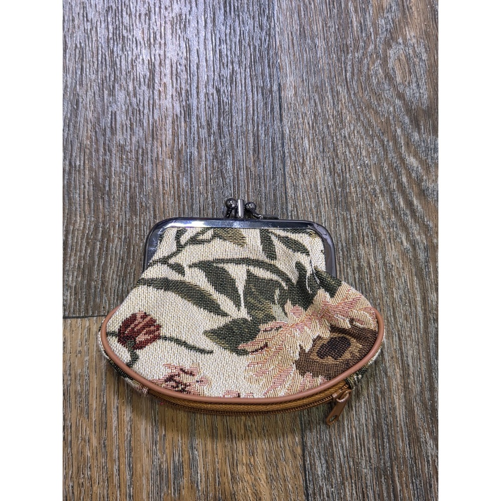 Hampton Direct Floral Tapestry Coin Purse Double Kiss Lock Zippered Pouch Multi